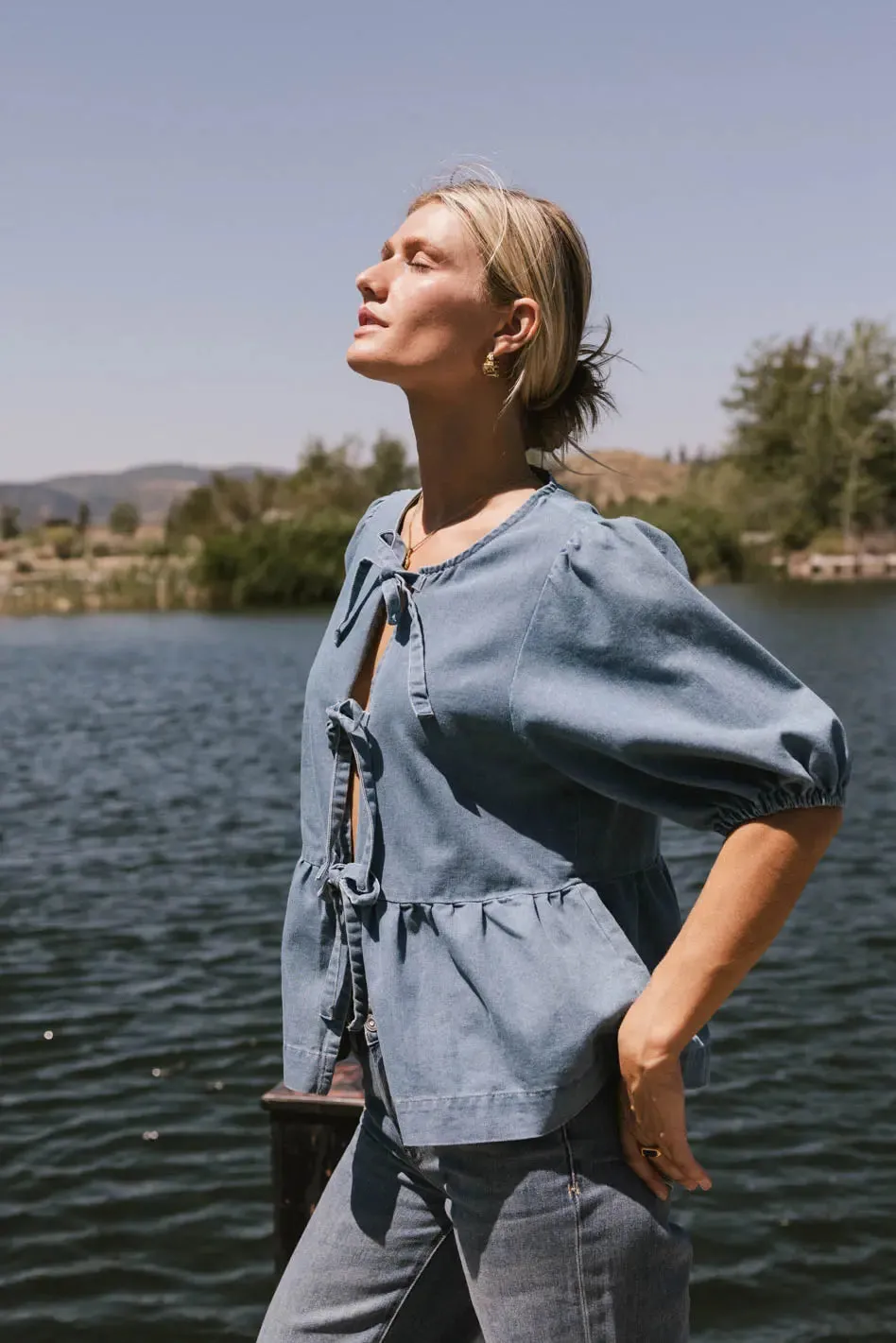 Natalia Peplum Tie Blouse in Light Wash - FINAL SALE sold by bohme product image thumbnail 2