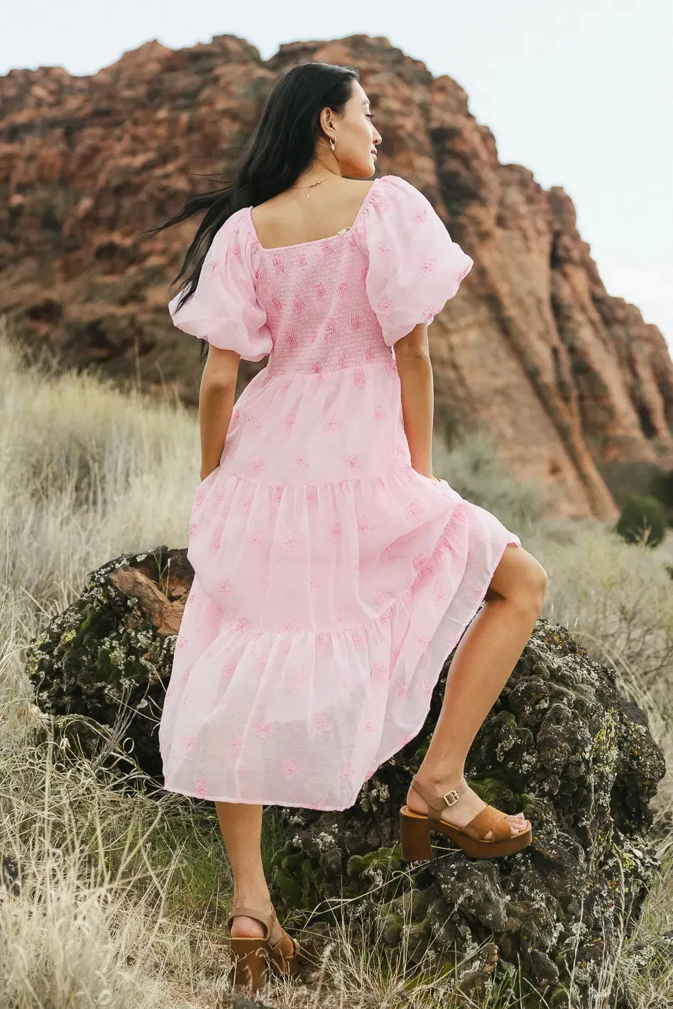 Floral Embroidered Puff Sleeve Dress in Pink - FINAL SALE sold by bohme product image thumbnail 3