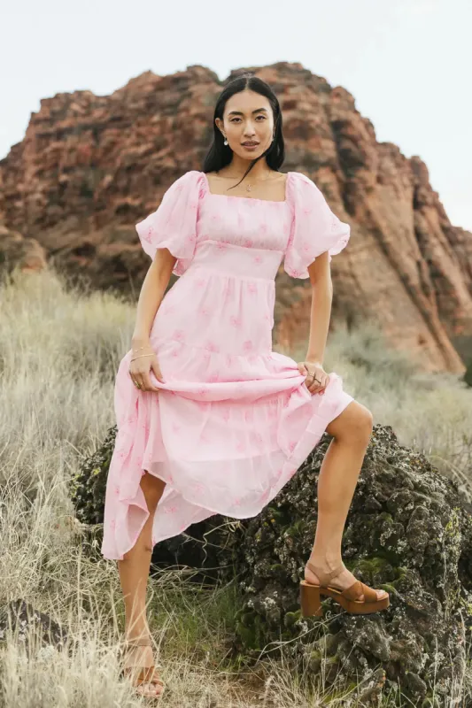 Floral Embroidered Puff Sleeve Dress in Pink - FINAL SALE sold by bohme