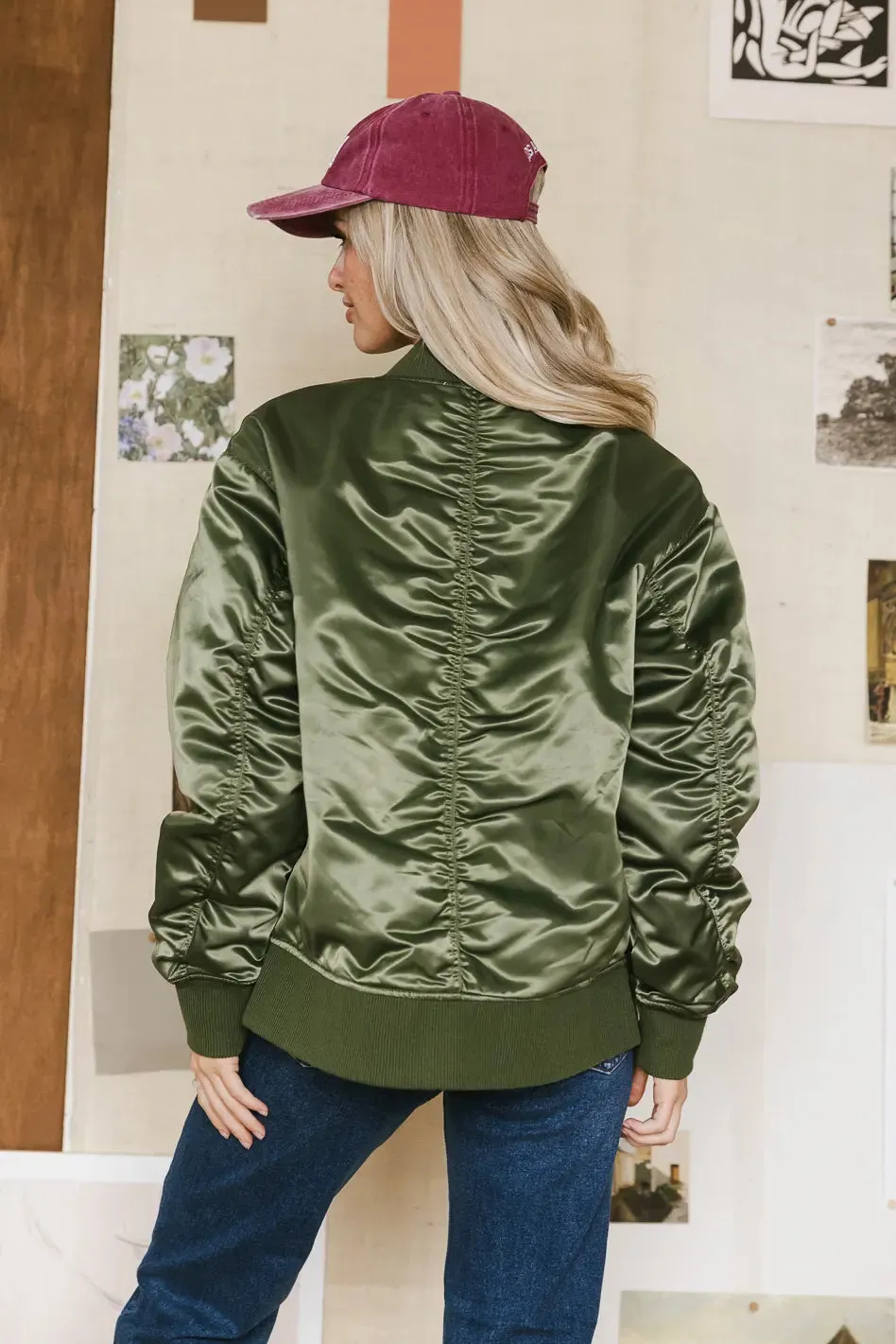Rylee Satin Bomber Jacket in Green - FINAL SALE sold by bohme product image thumbnail 5