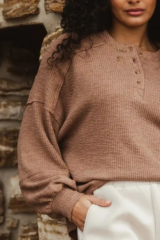 Arabella Ribbed Henley Top in Brown - FINAL SALE sold by bohme