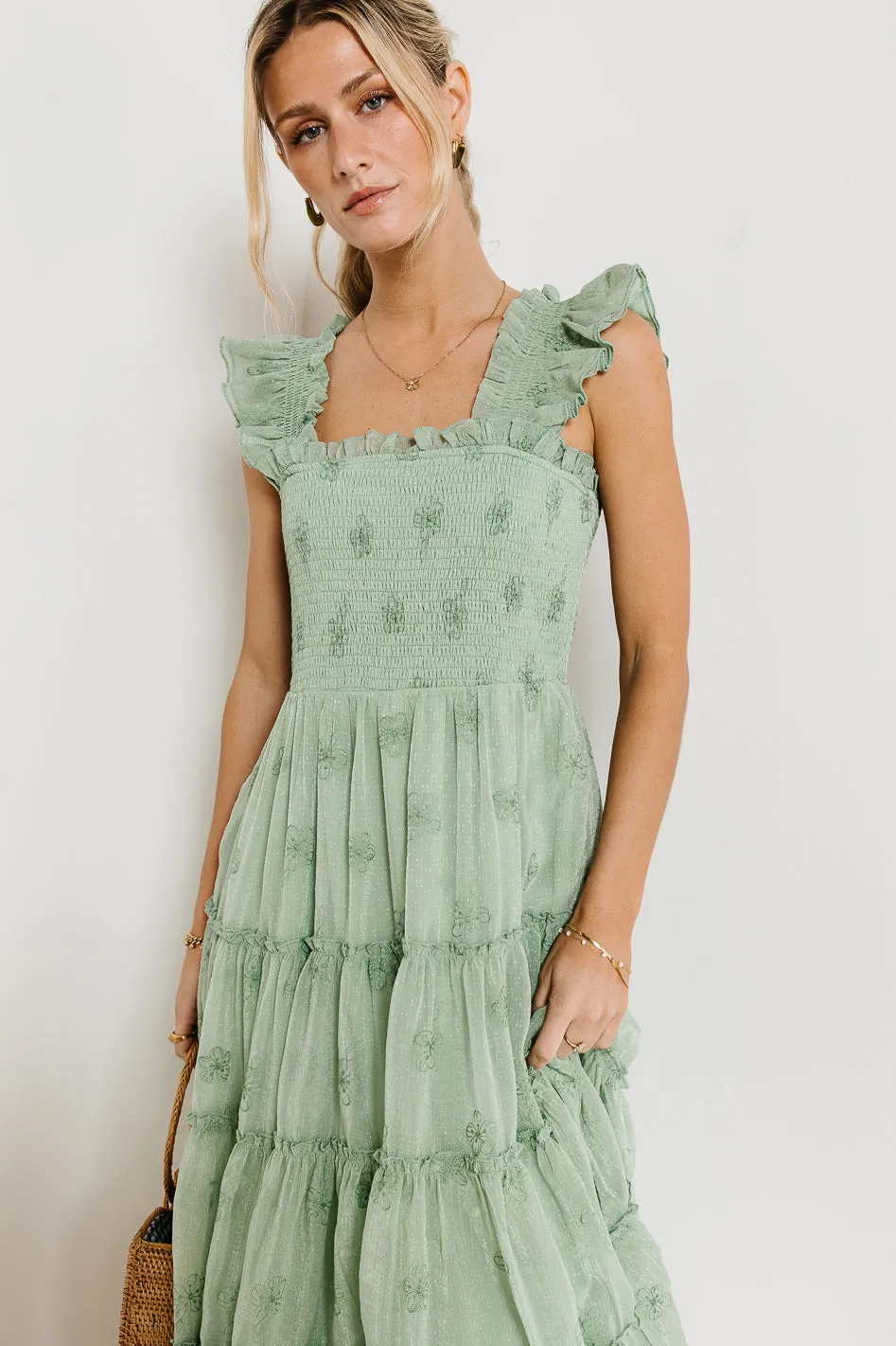 Floral Embroidered Smocked Dress in Green sold by bohme product image thumbnail 5