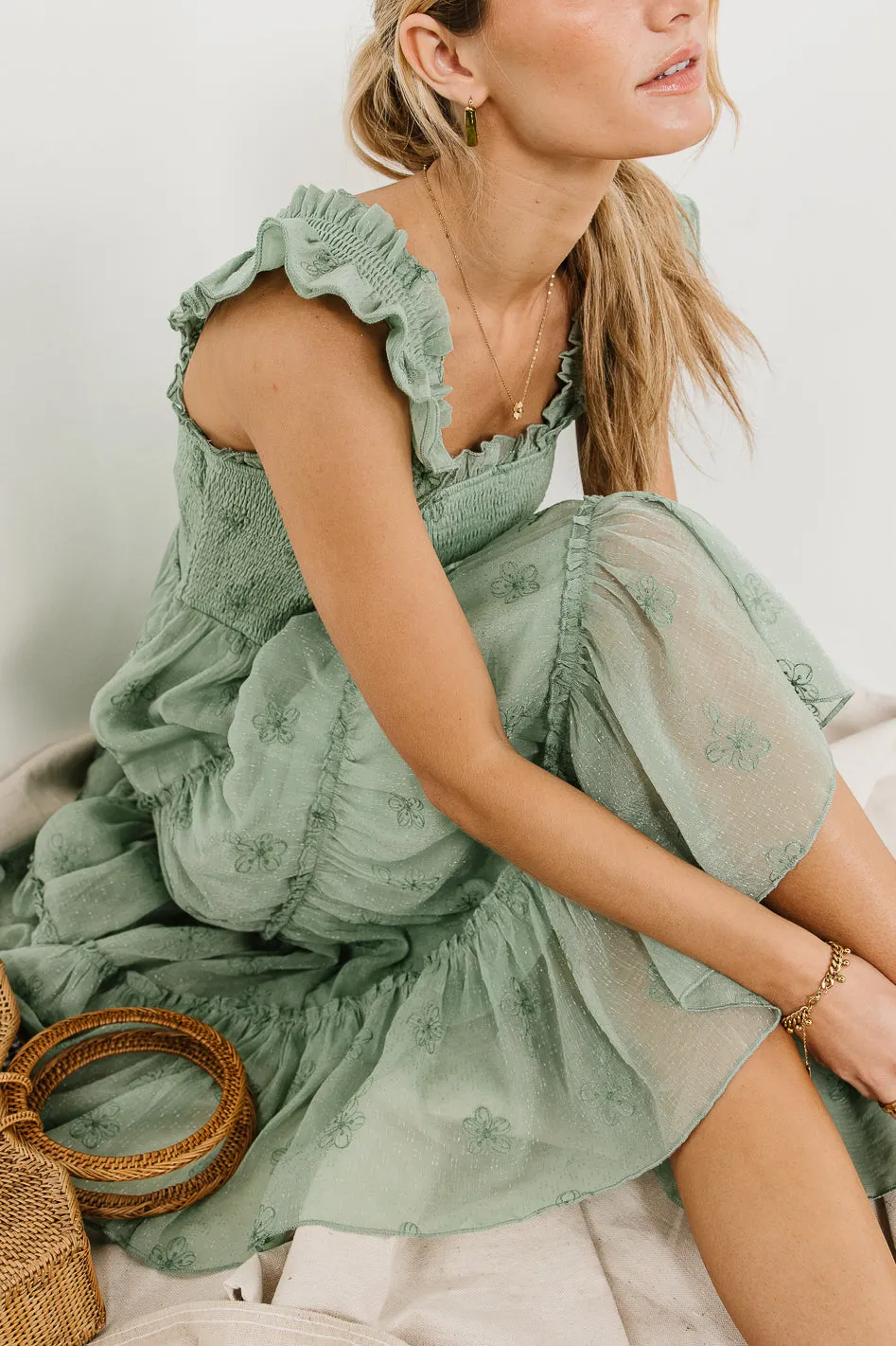 Floral Embroidered Smocked Dress in Green sold by bohme product image thumbnail 3