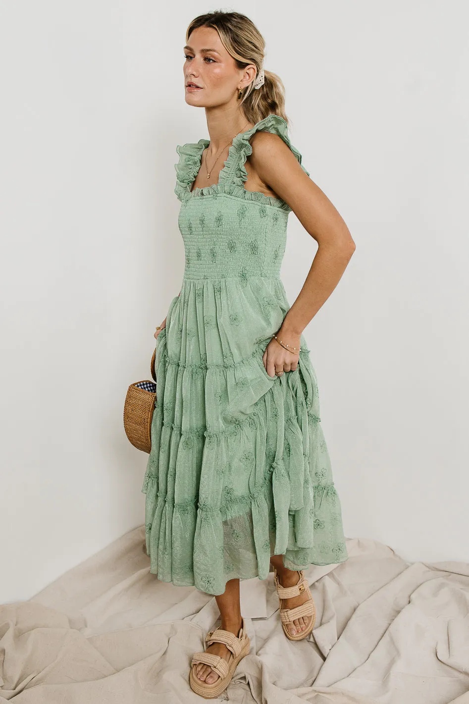 Floral Embroidered Smocked Dress in Green sold by bohme product image thumbnail 4