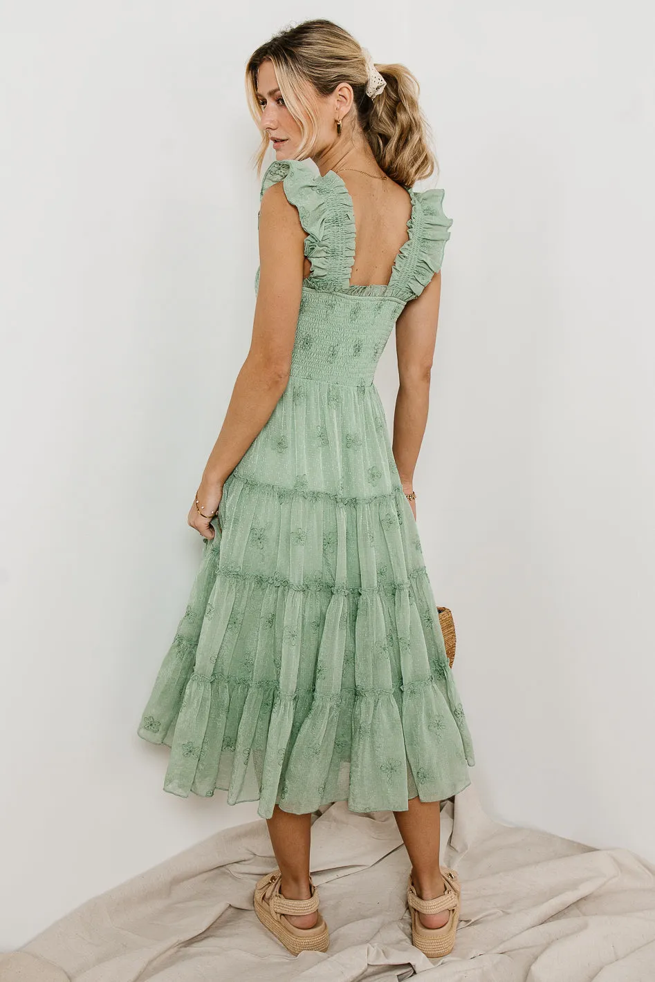 Floral Embroidered Smocked Dress in Green sold by bohme product image thumbnail 2