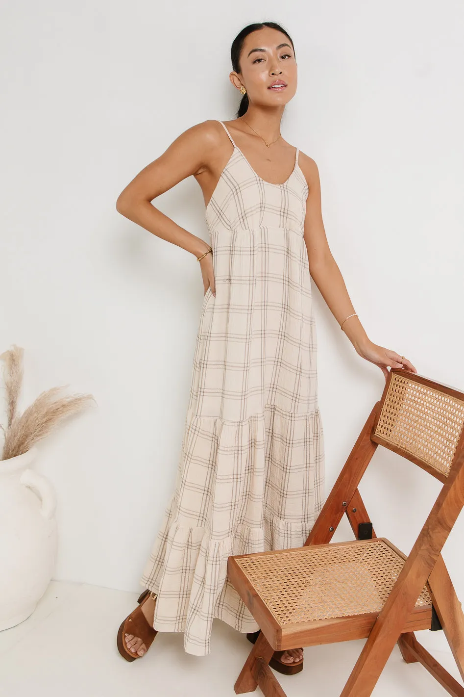 Kendall Plaid Dress in Taupe sold by bohme