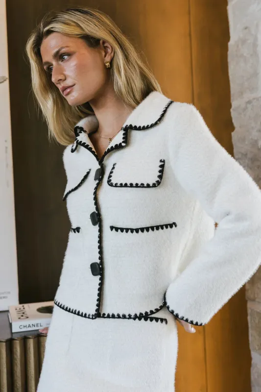 Lola Fuzzy Jacket in White sold by bohme
