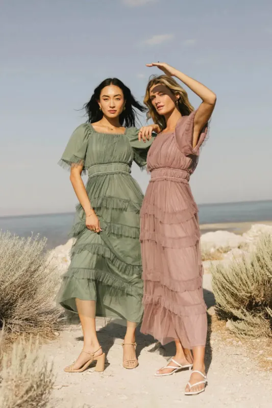 Eugena Ruffled Maxi Dress in Teal sold by bohme
