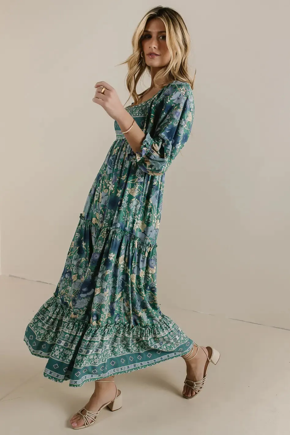 Janice Smocked Floral Dress in Teal - FINAL SALE sold by bohme