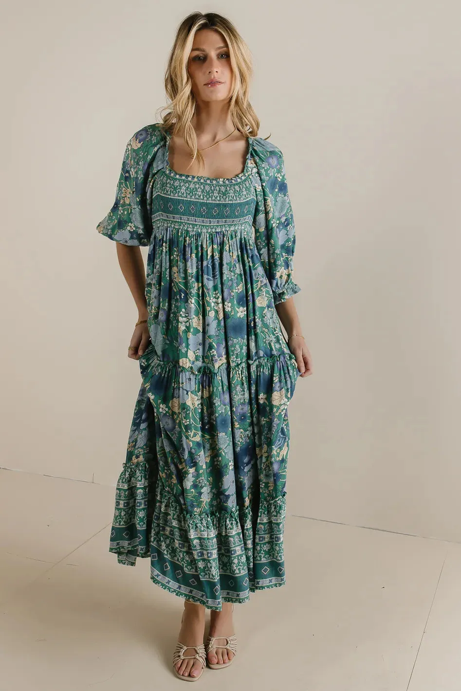 Janice Smocked Floral Dress in Teal - FINAL SALE sold by bohme product image thumbnail 3