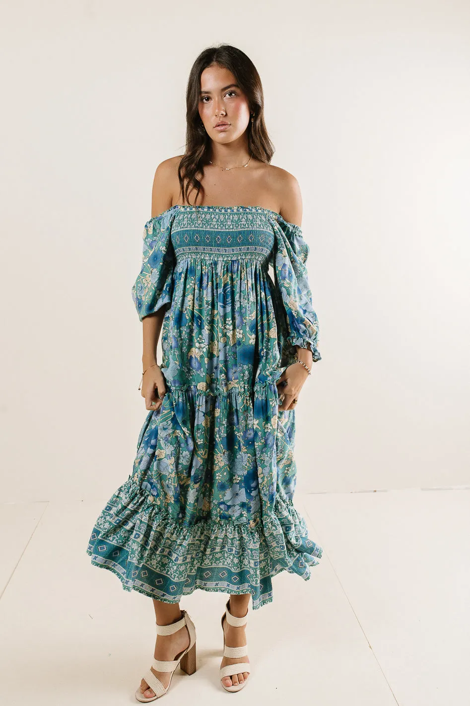 Janice Smocked Floral Dress in Teal - FINAL SALE sold by bohme product image thumbnail 4