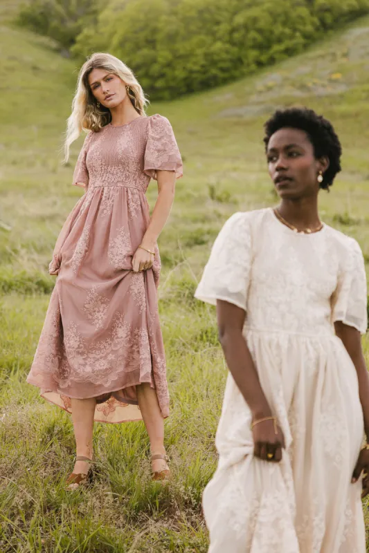 Alora Embroidered Dress in Dusty Rose sold by bohme