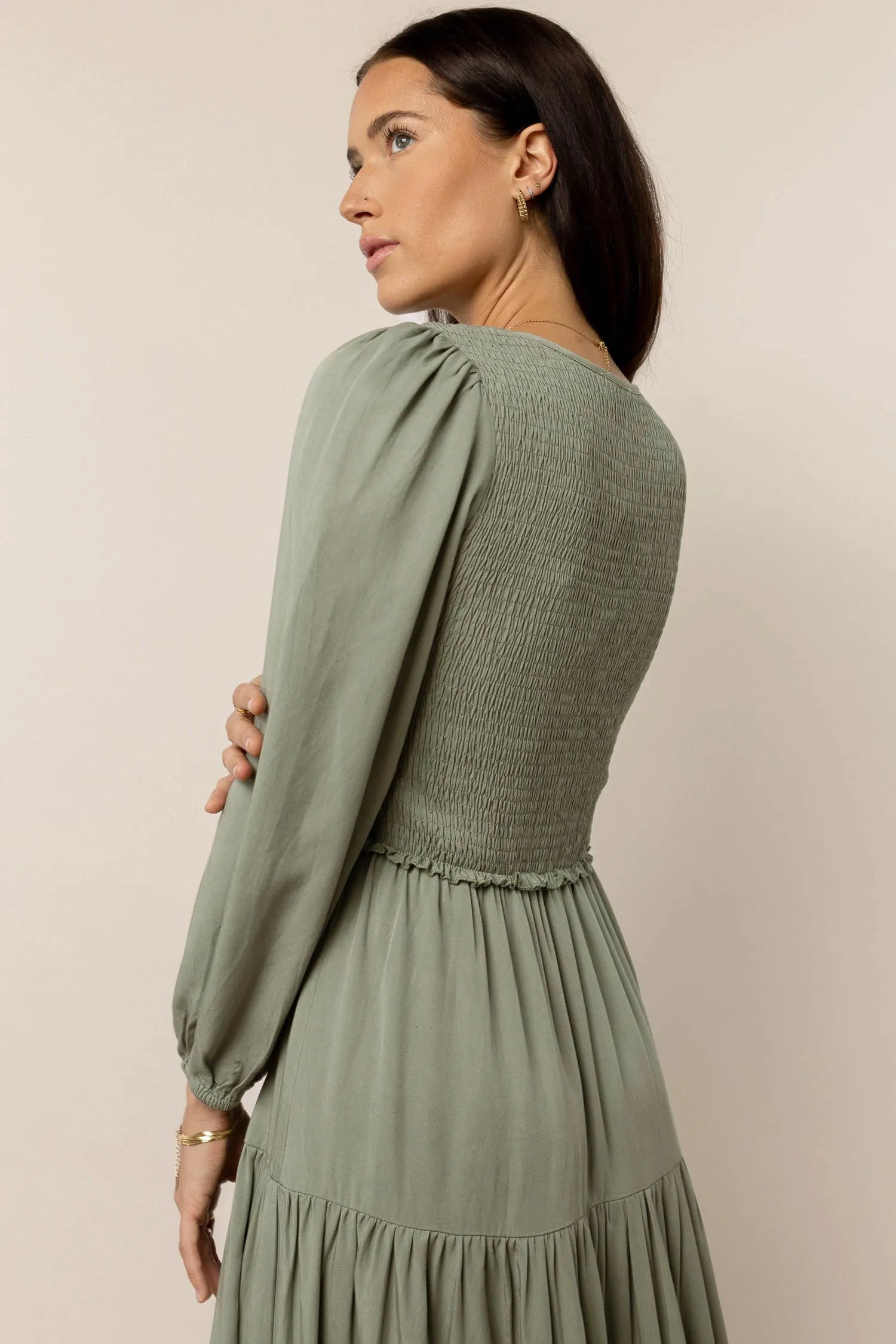 Smocked Tiered Midi Dress in Sage - FINAL SALE sold by bohme product image thumbnail 2