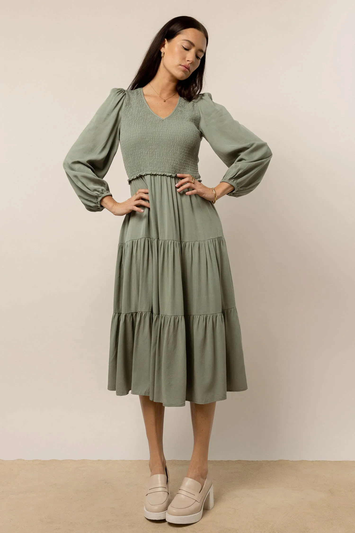 Smocked Tiered Midi Dress in Sage - FINAL SALE sold by bohme product image thumbnail 4