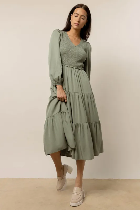 Smocked Tiered Midi Dress in Sage - FINAL SALE sold by bohme