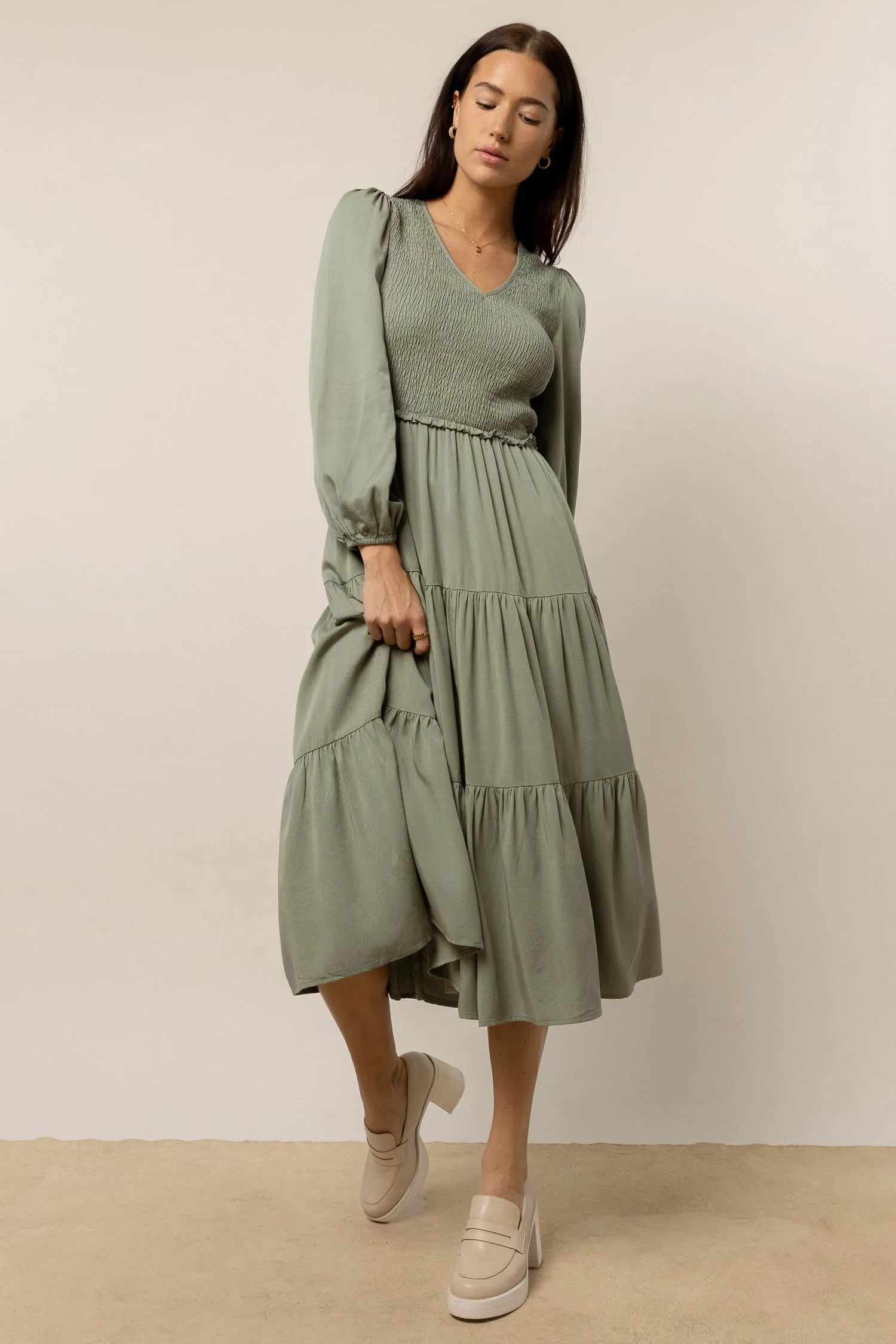 Smocked Tiered Midi Dress in Sage - FINAL SALE sold by bohme