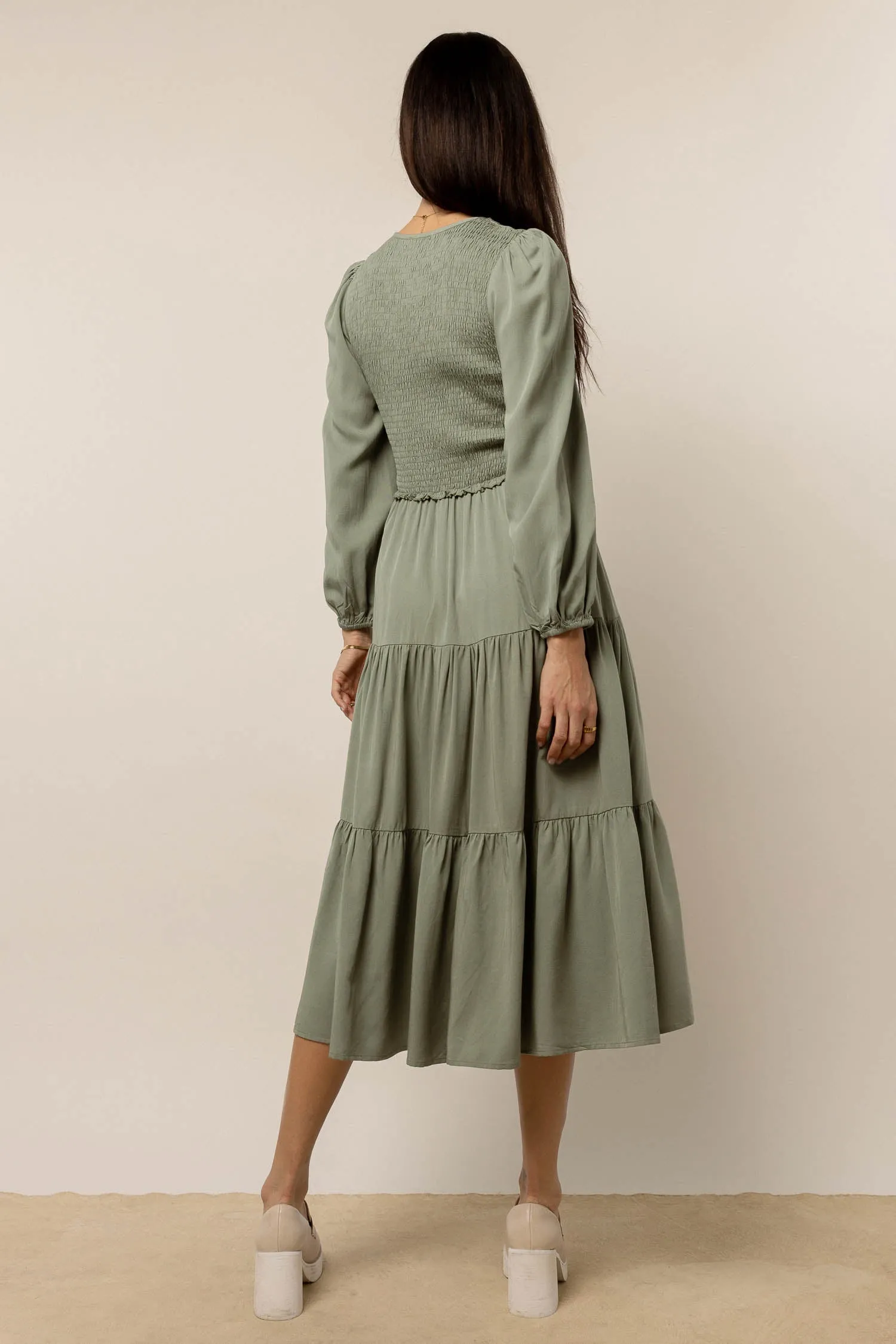 Smocked Tiered Midi Dress in Sage - FINAL SALE sold by bohme product image thumbnail 5