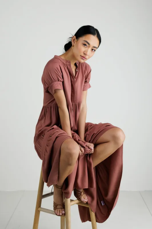 Amanda Tiered Dress in Raisin sold by bohme