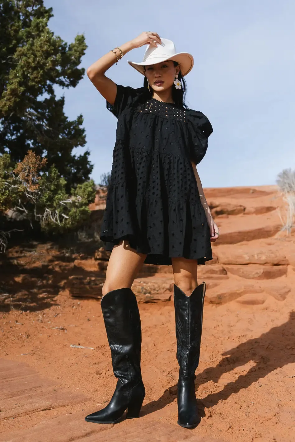 Eyelet Puff Sleeve Mini Dress in Black - FINAL SALE sold by bohme product image thumbnail 4