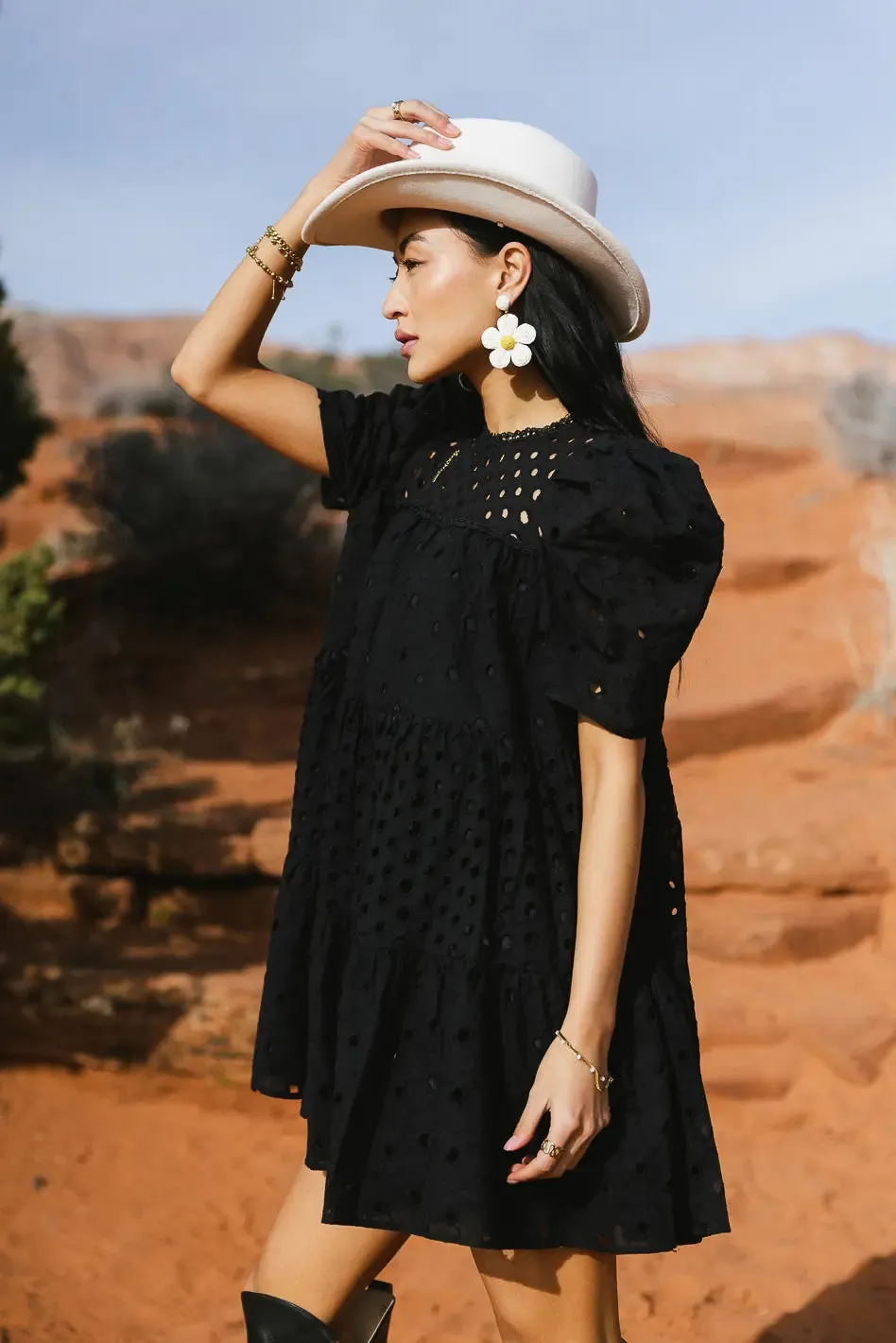 Eyelet Puff Sleeve Mini Dress in Black - FINAL SALE sold by bohme product image thumbnail 5