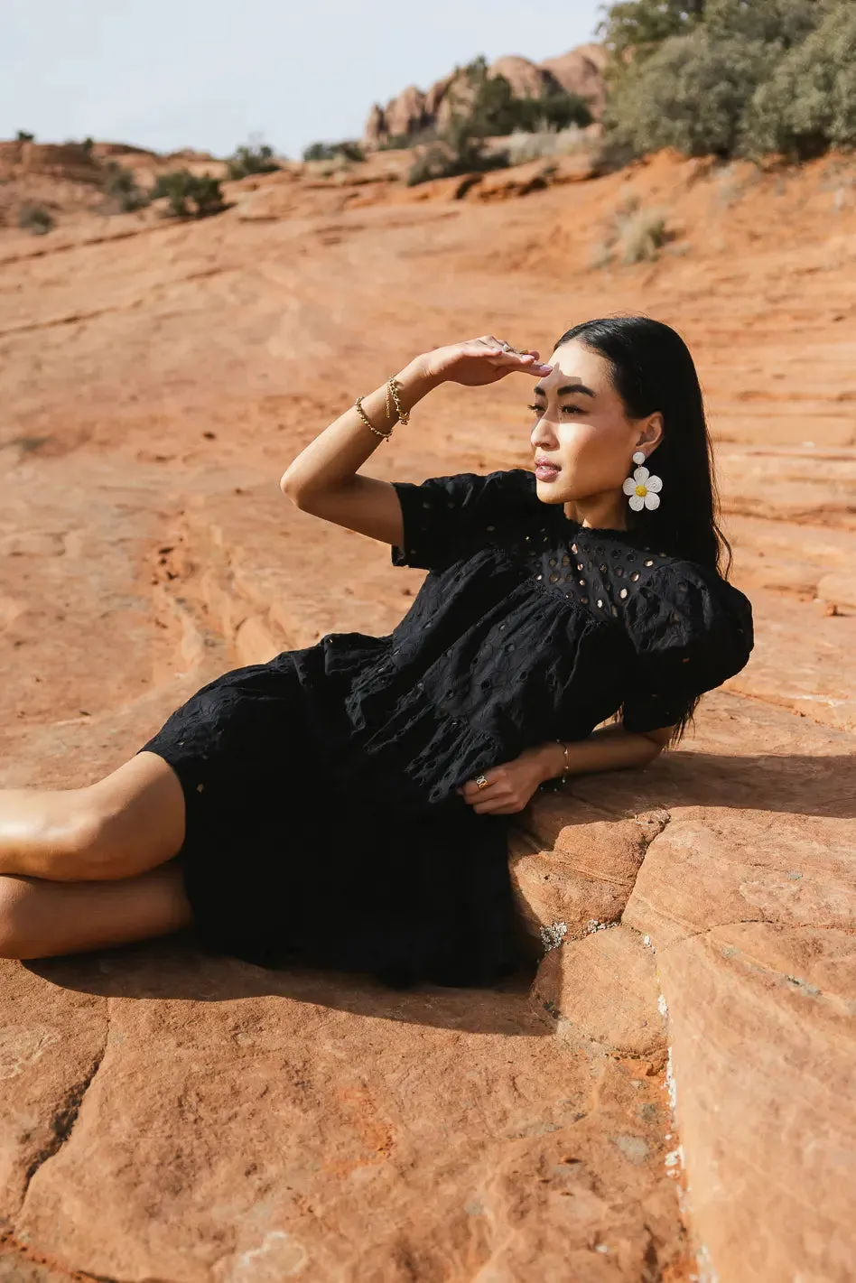 Eyelet Puff Sleeve Mini Dress in Black - FINAL SALE sold by bohme product image thumbnail 2