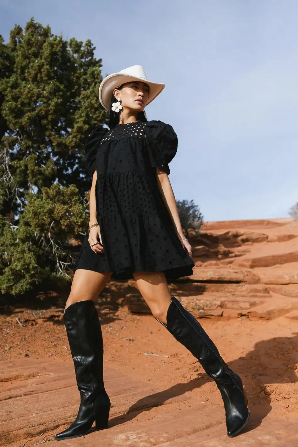 Eyelet Puff Sleeve Mini Dress in Black - FINAL SALE sold by bohme product image thumbnail 3