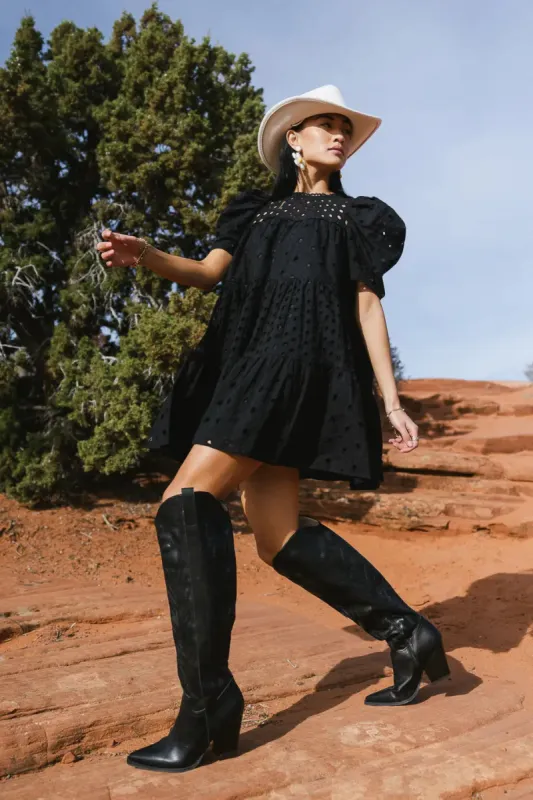 Eyelet Puff Sleeve Mini Dress in Black - FINAL SALE sold by bohme