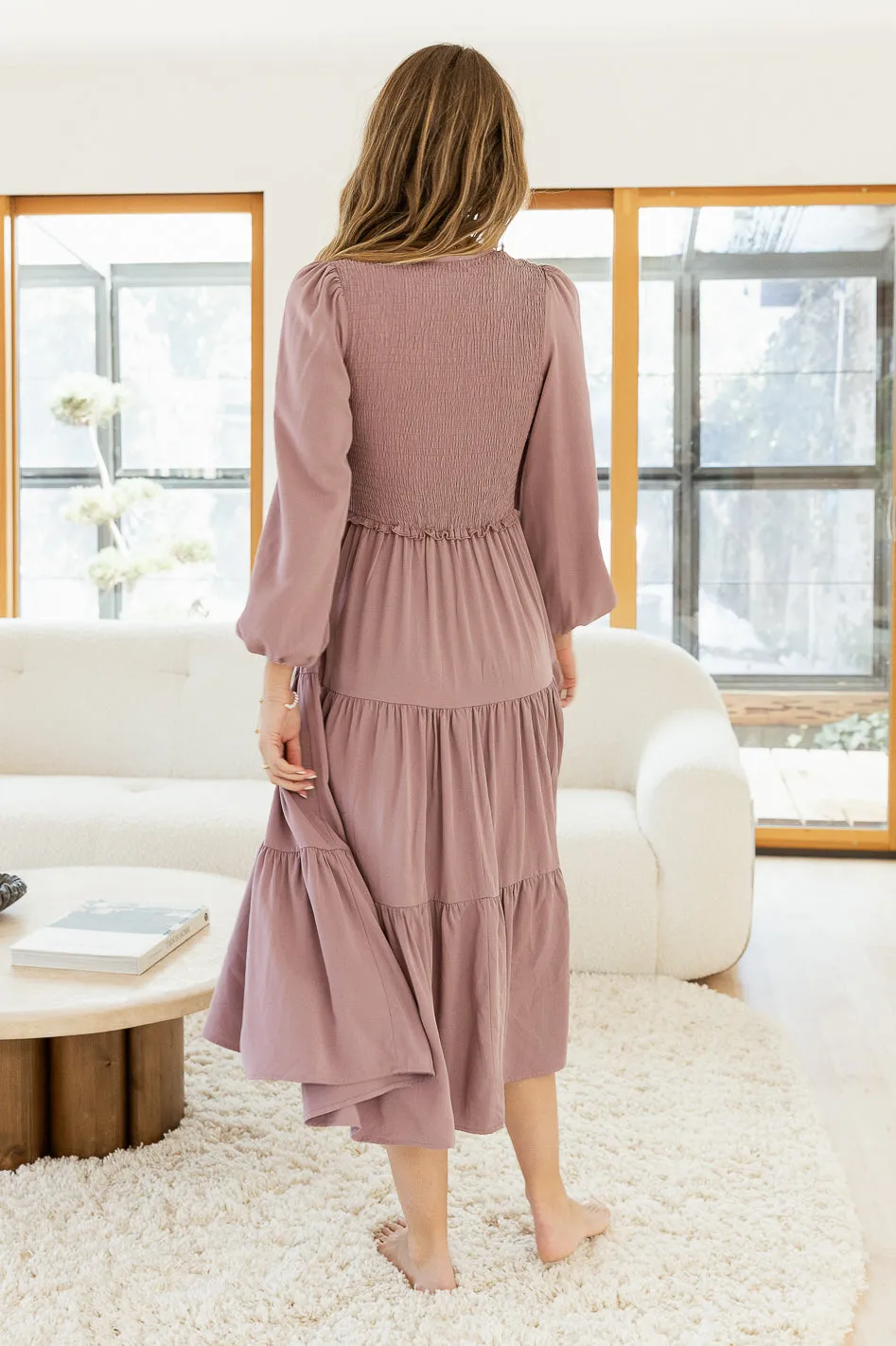 Smocked Tiered Midi Dress in Lavender - FINAL SALE sold by bohme product image thumbnail 5