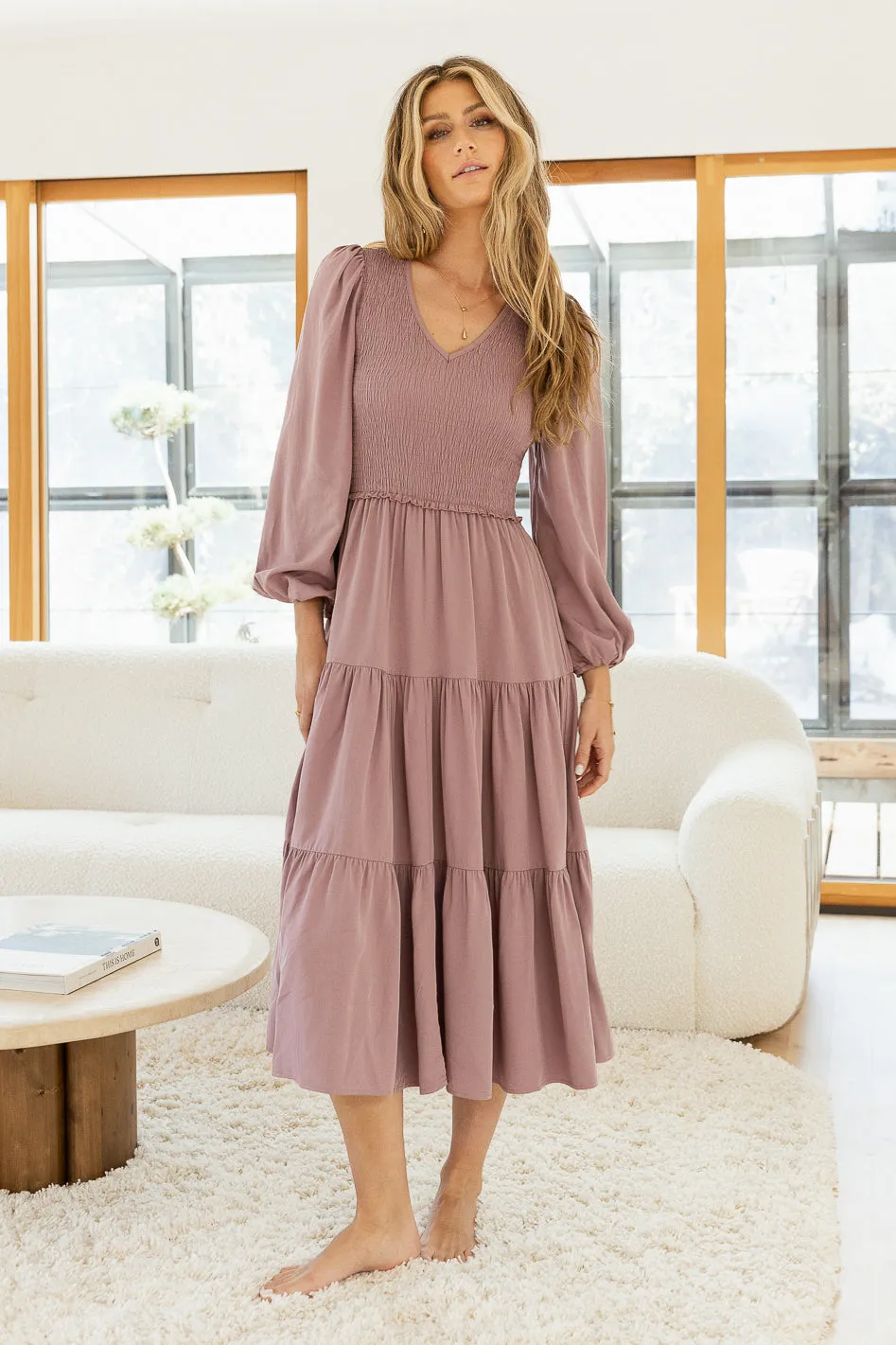 Smocked Tiered Midi Dress in Lavender - FINAL SALE sold by bohme product image thumbnail 3