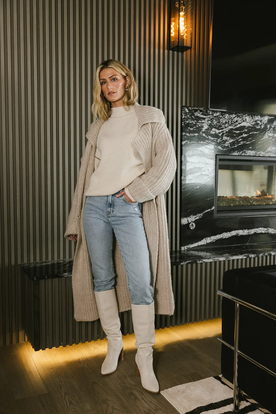 Emily Long Cardigan in Beige sold by bohme