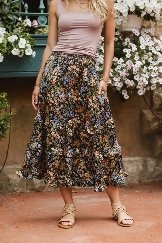 Dimitria Floral Midi Skirt in Black - FINAL SALE sold by bohme