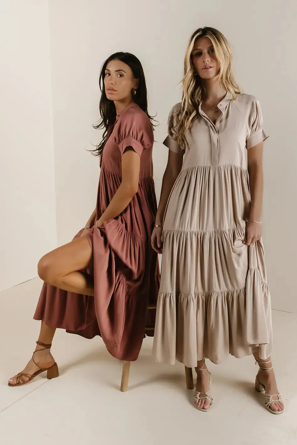 Amanda Tiered Dress in Tan sold by bohme