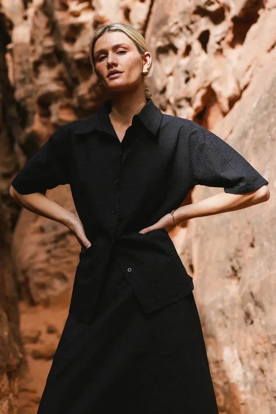 Mallory Textured Button Up in Black - FINAL SALE sold by bohme