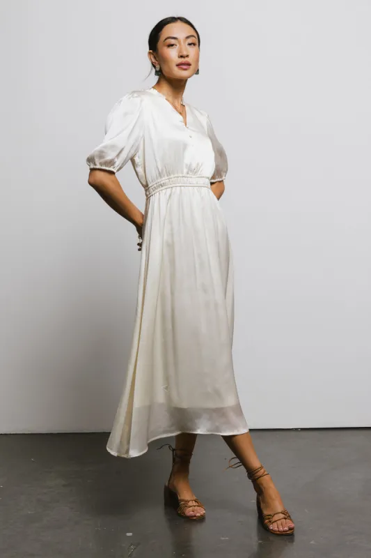 V-Neck Satin Midi Dress in Cream sold by bohme