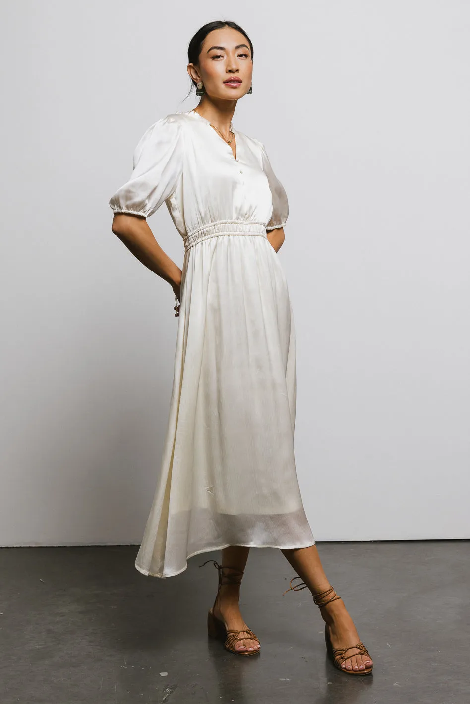 V-Neck Satin Midi Dress in Cream sold by bohme