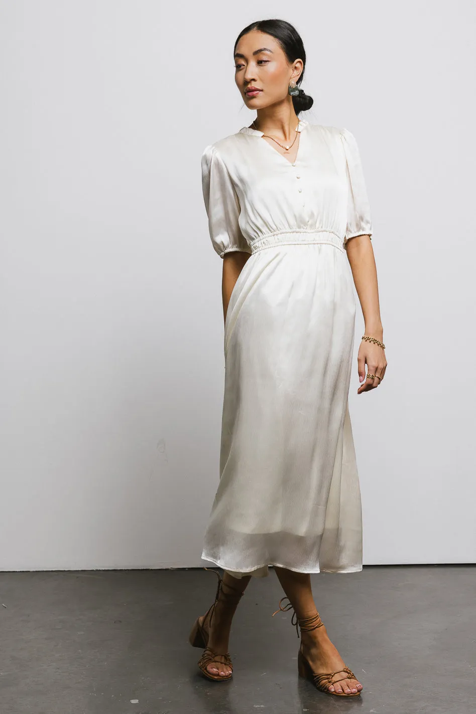 V-Neck Satin Midi Dress in Cream sold by bohme product image thumbnail 5