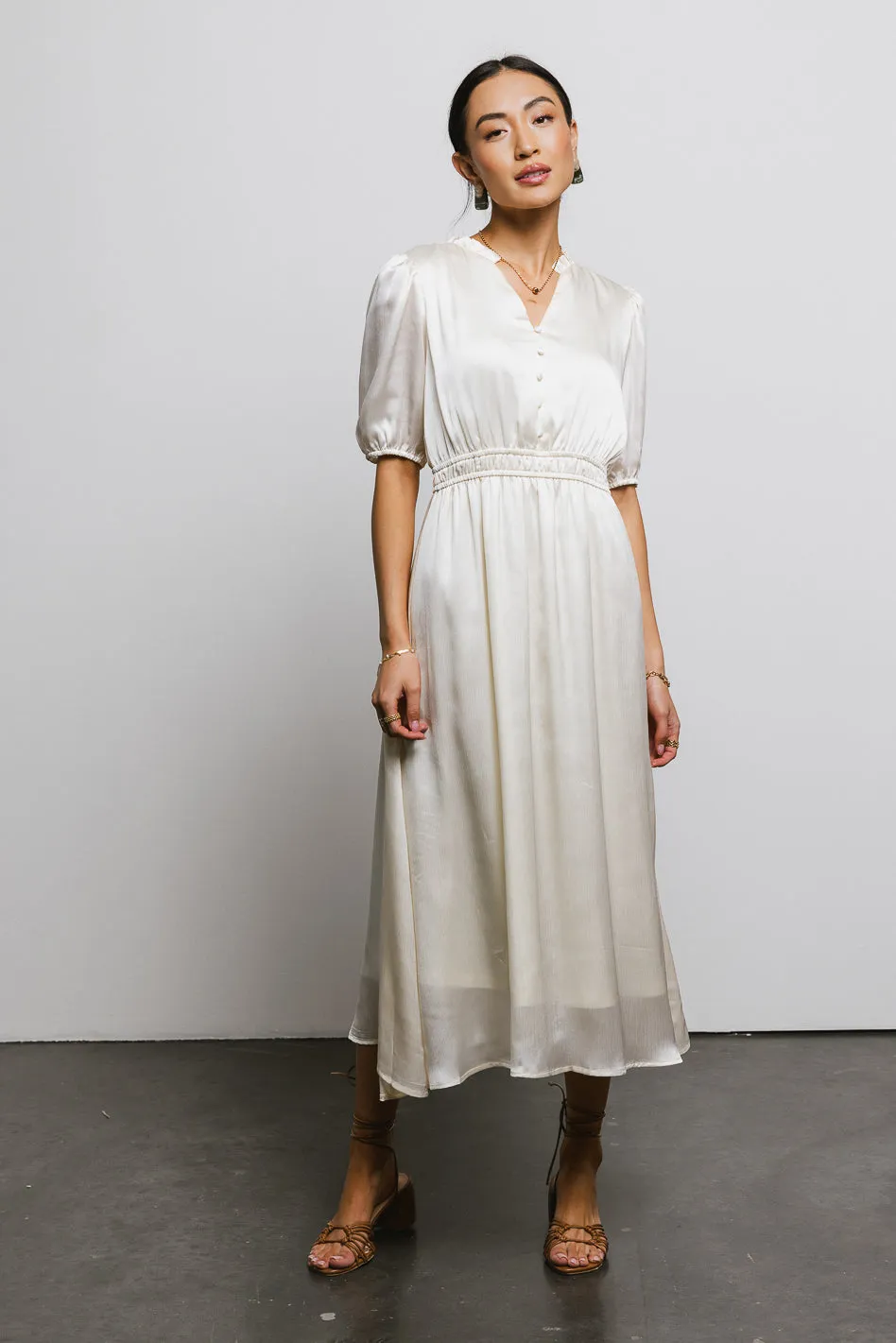 V-Neck Satin Midi Dress in Cream sold by bohme product image thumbnail 2