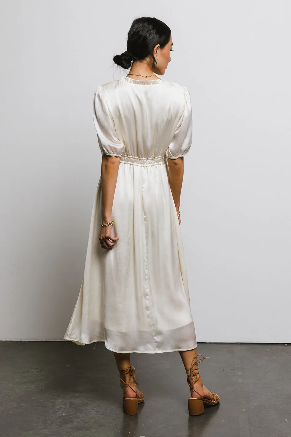 V-Neck Satin Midi Dress in Cream sold by bohme product image thumbnail 4