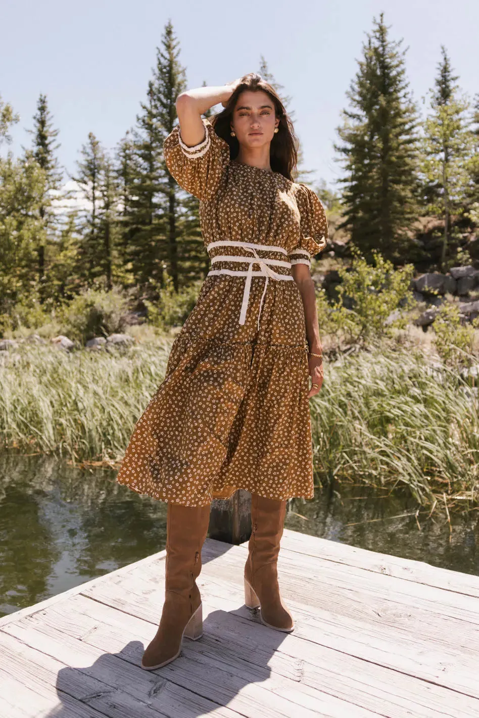 Kendra Ditsy Floral Midi Dress in Brown - FINAL SALE sold by bohme