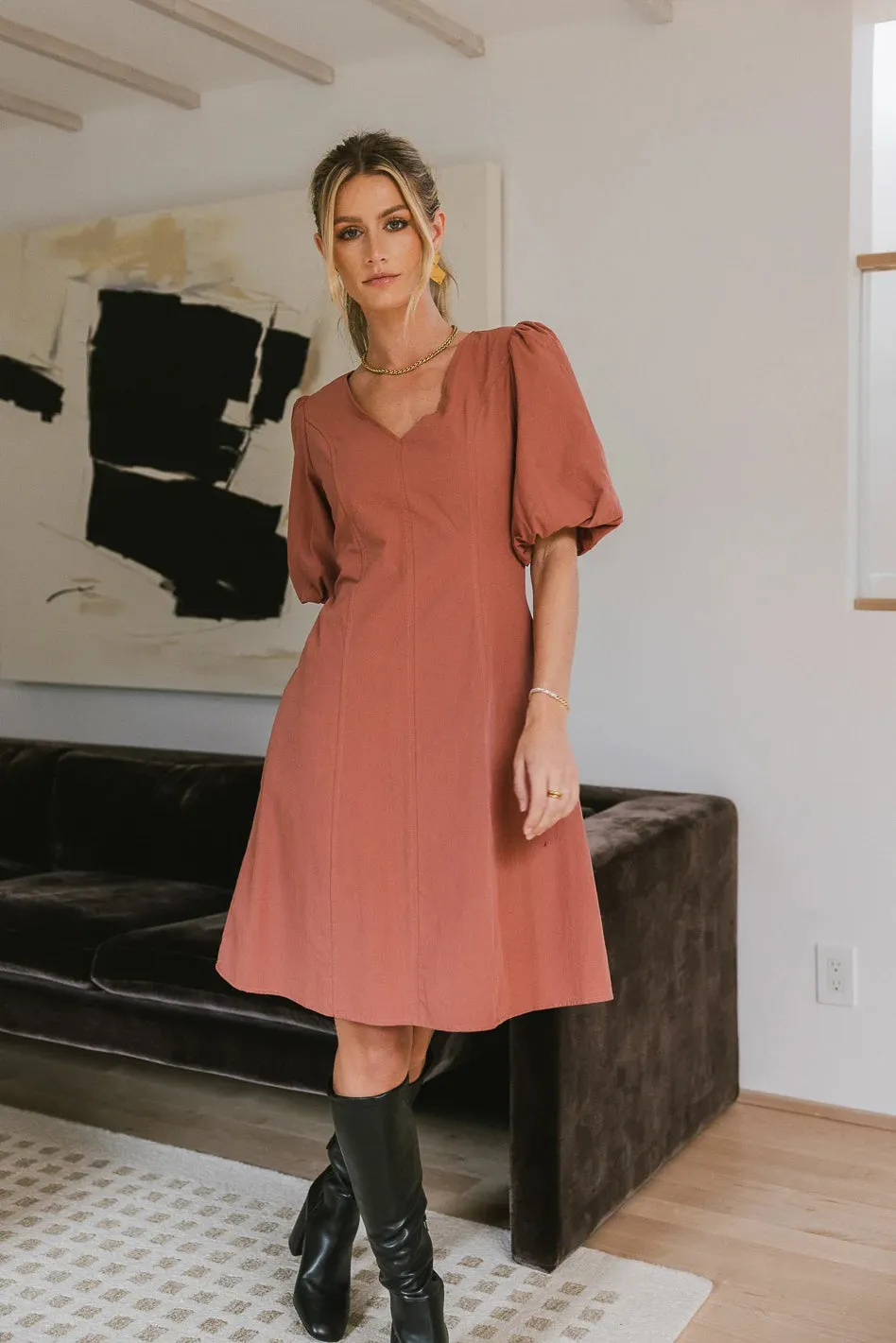Kaylie Puff Sleeve Dress in Clay - FINAL SALE sold by bohme