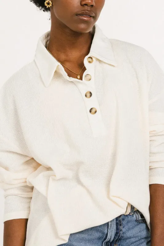 Isabelle Waffle Knit Henley Top in Cream sold by bohme