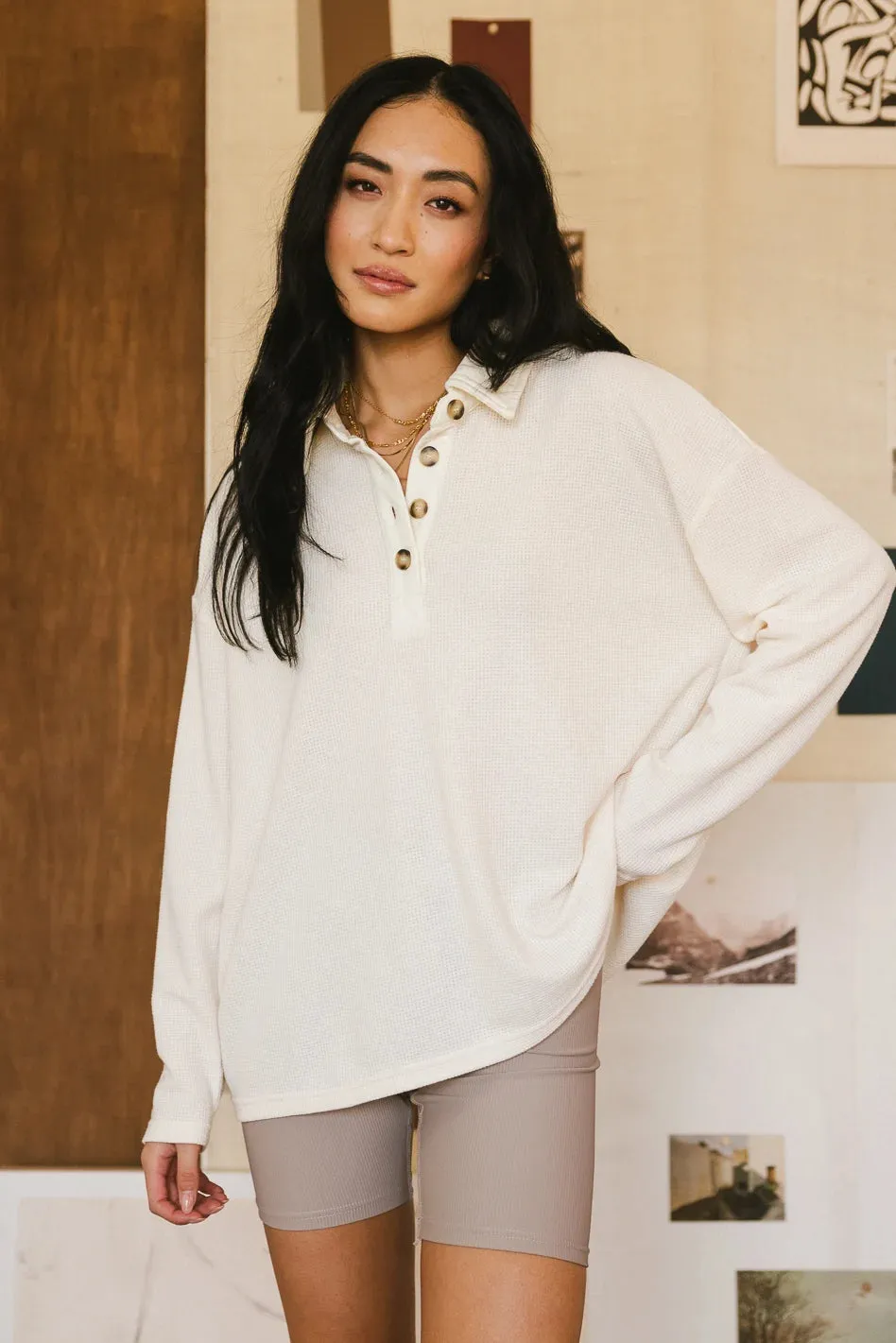 Isabelle Waffle Knit Henley Top in Cream - FINAL SALE sold by bohme product image thumbnail 4