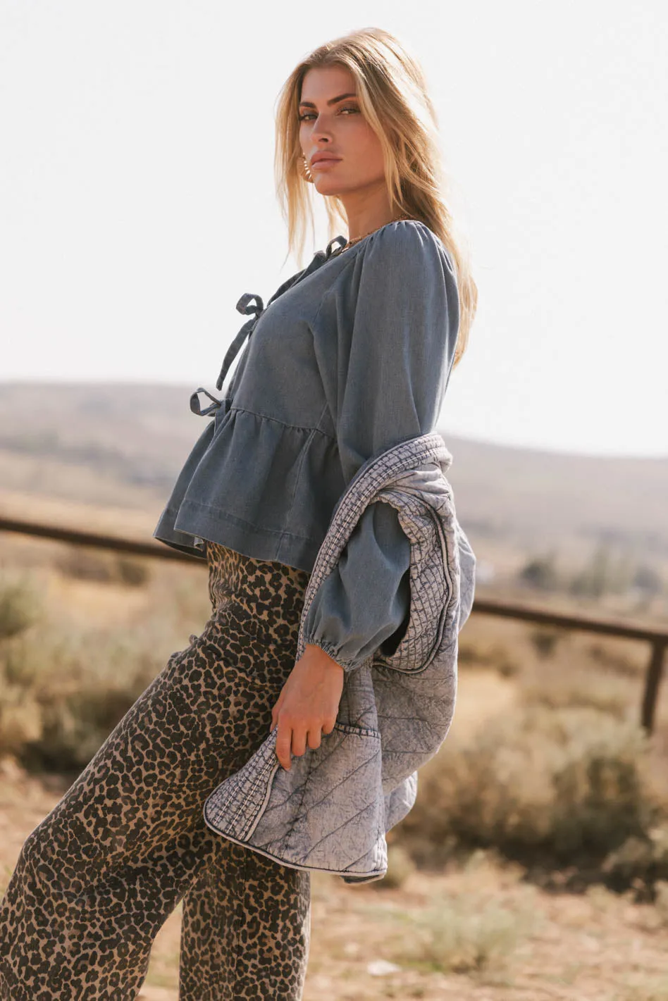 Maggie Peplum Tie Blouse in Medium Wash sold by bohme product image thumbnail 5