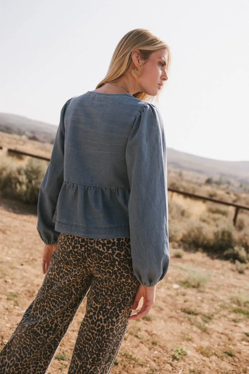 Maggie Peplum Tie Blouse in Medium Wash sold by bohme product image thumbnail 3