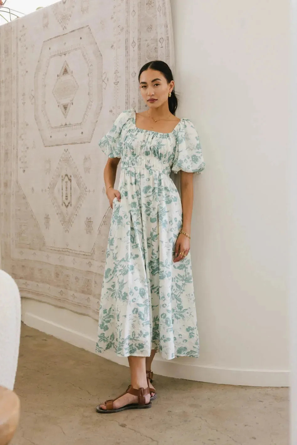 Dorothea Floral Midi Dress in Teal - FINAL SALE sold by bohme