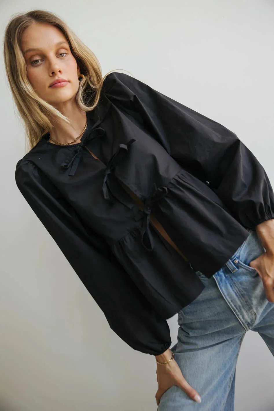 Maggie Peplum Tie Blouse in Black - FINAL SALE sold by bohme