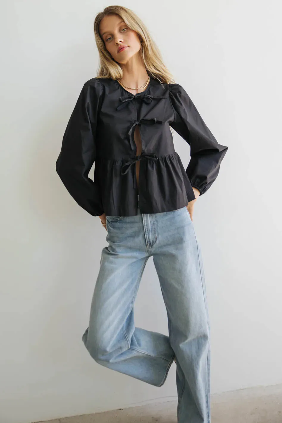 Maggie Peplum Tie Blouse in Black - FINAL SALE sold by bohme product image thumbnail 2
