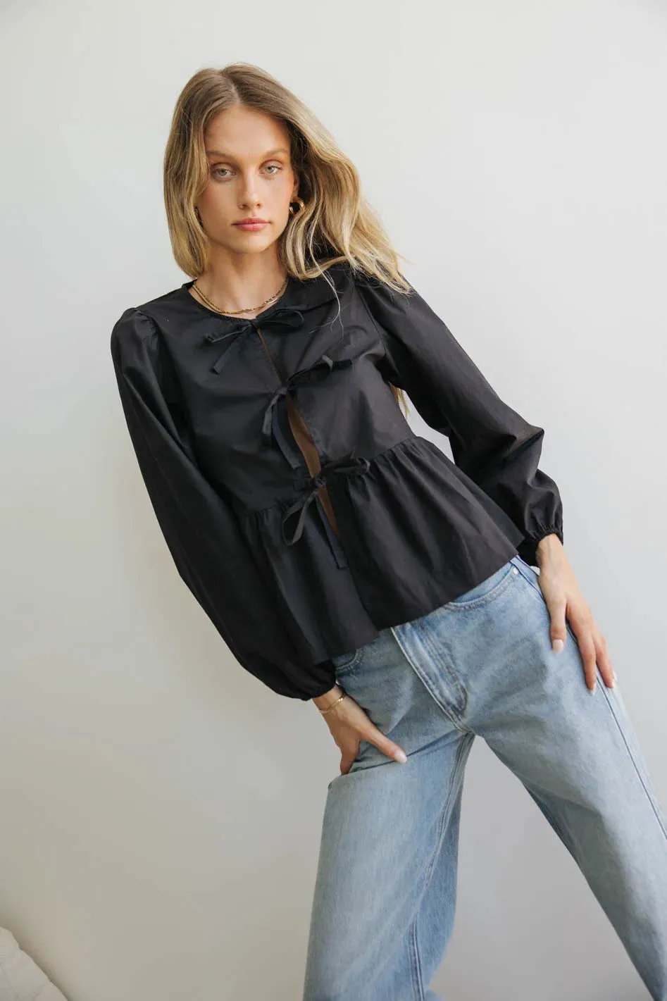 Maggie Peplum Tie Blouse in Black - FINAL SALE sold by bohme product image thumbnail 3