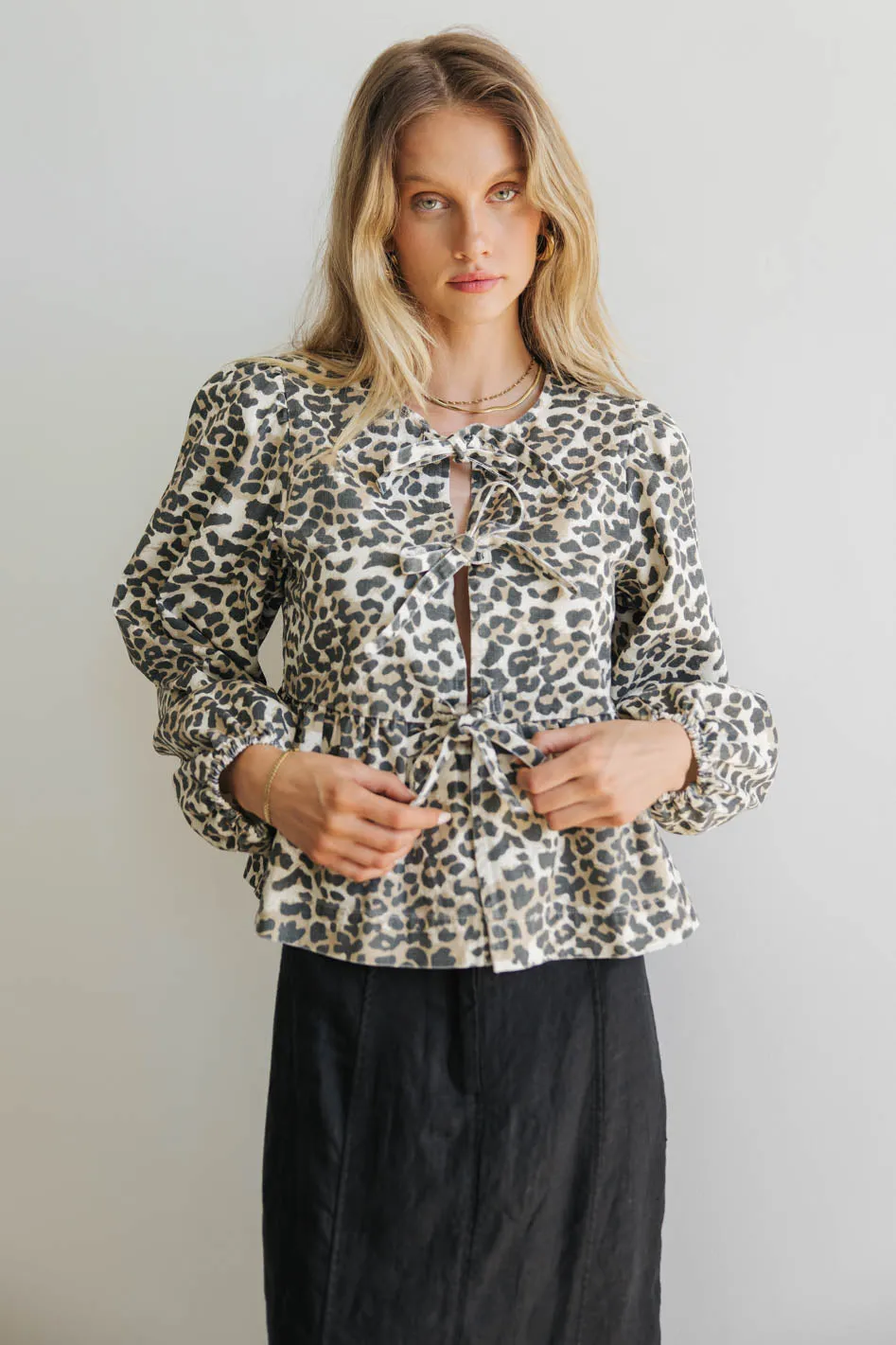 Maggie Peplum Tie Blouse in Leopard - FINAL SALE sold by bohme