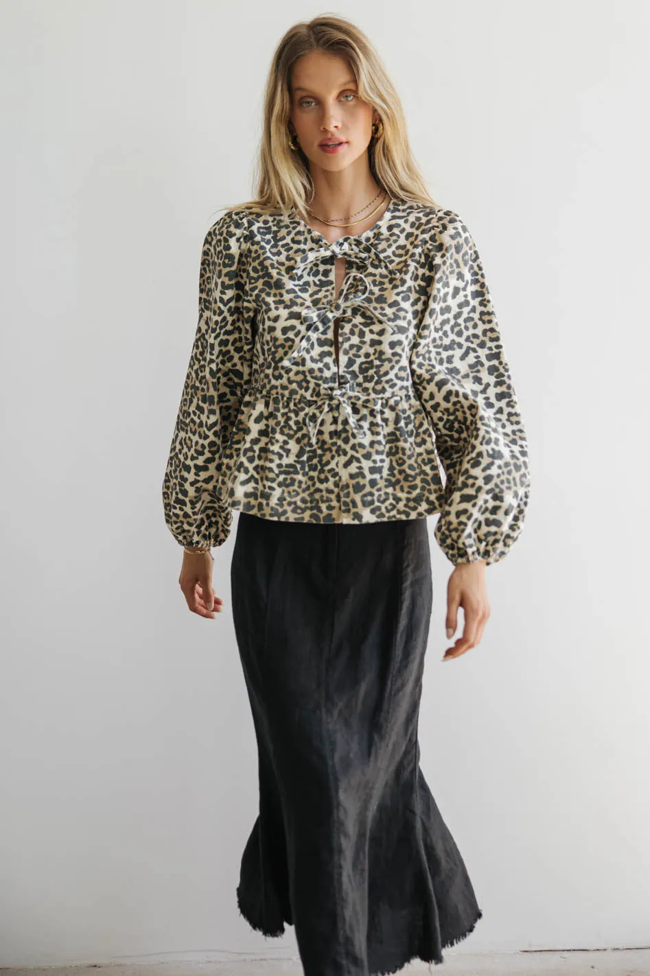 Maggie Peplum Tie Blouse in Leopard - FINAL SALE sold by bohme product image thumbnail 2